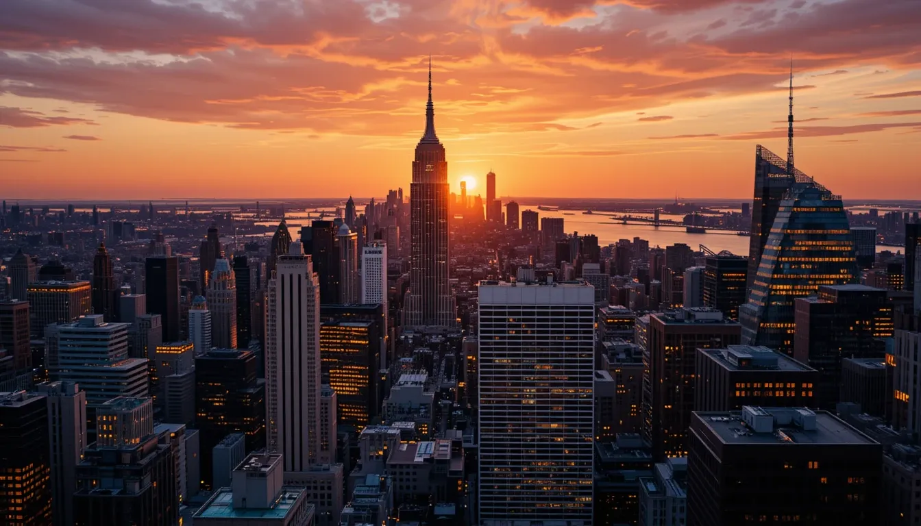 Sunset view of NYC skyline from Top of the Rock Observation Deck