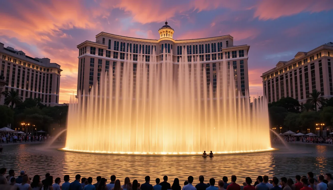 Crowd enjoying the Bellagio Fountains show in Las Vegas at sunset