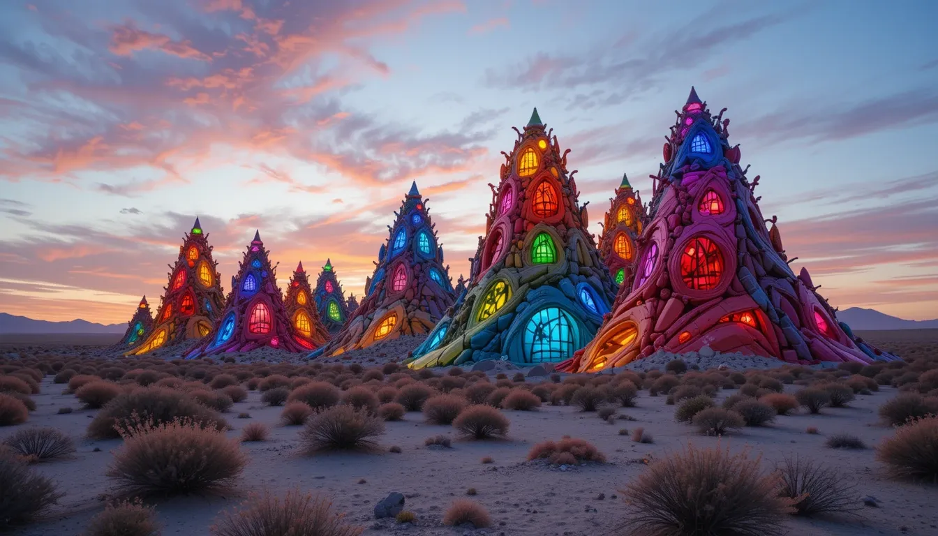 Seven Magic Mountains glowing under a Las Vegas sunset