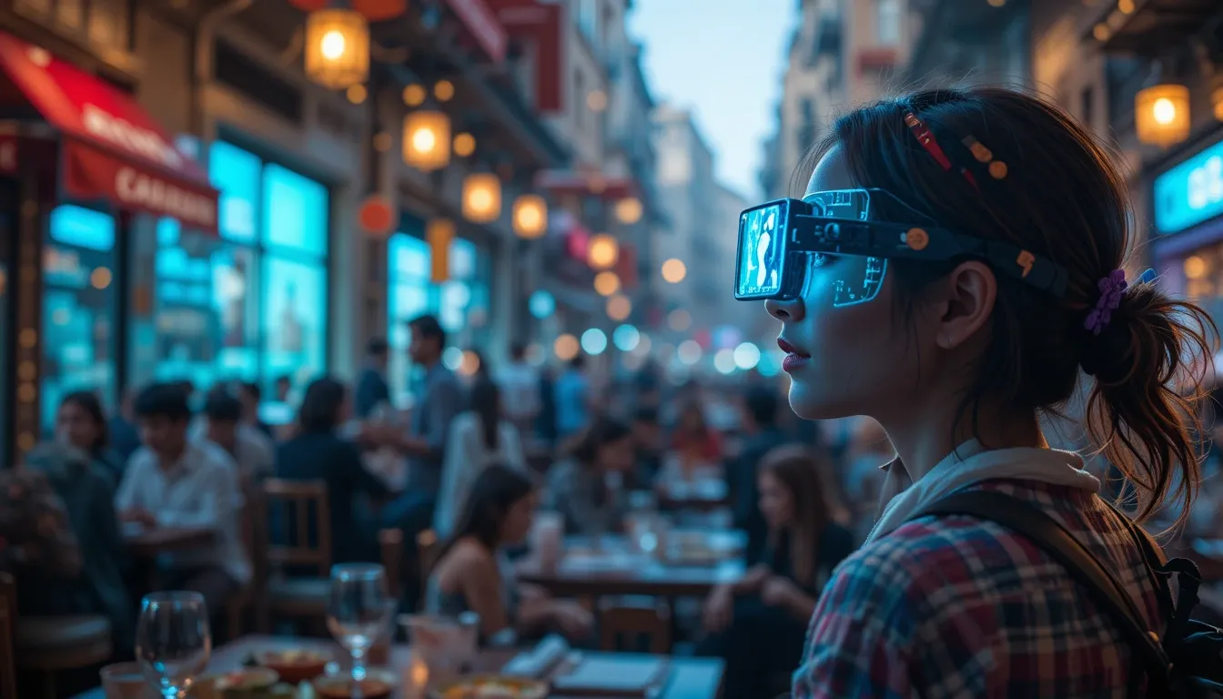 Tourist using AR glasses to view carbon footprint data over Barcelona tapas, cinematic lighting --v 6.0