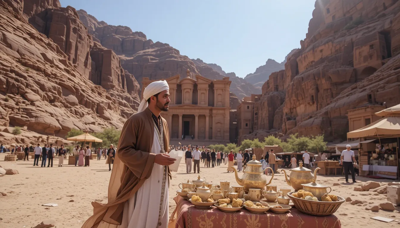 Local Bedouin vendor serving tea near Petra entrance, Jordan