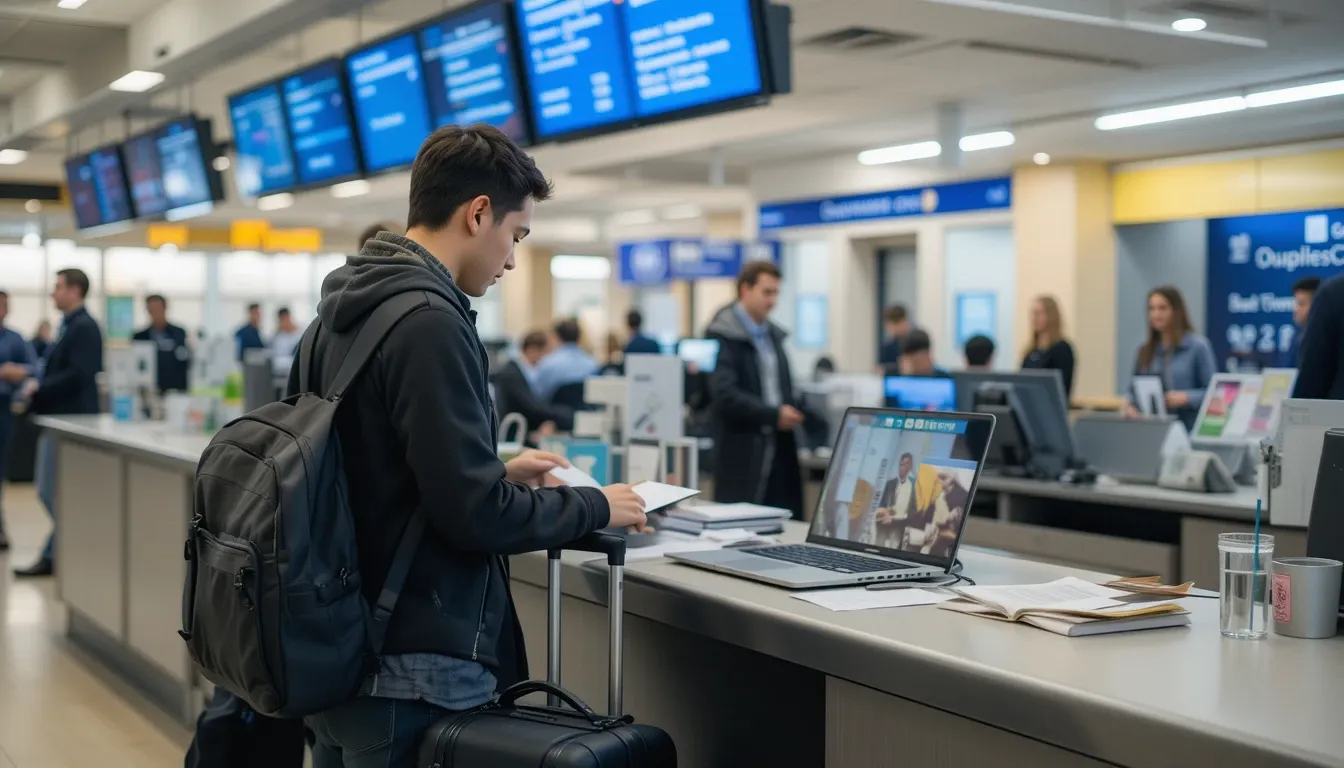 Traveler submitting a lost baggage insurance claim at an airport service desk