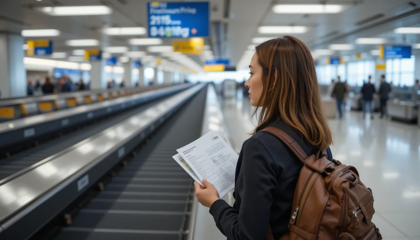 Traveller dealing with lost luggage at the airport, relying on travel insurance