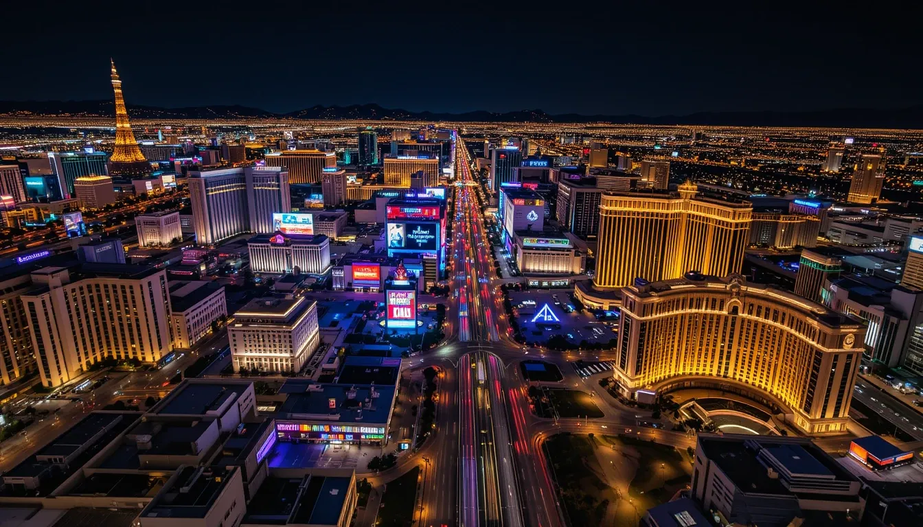 Vibrant night view of the Las Vegas Strip with iconic hotels like Bellagio and Caesars Palace