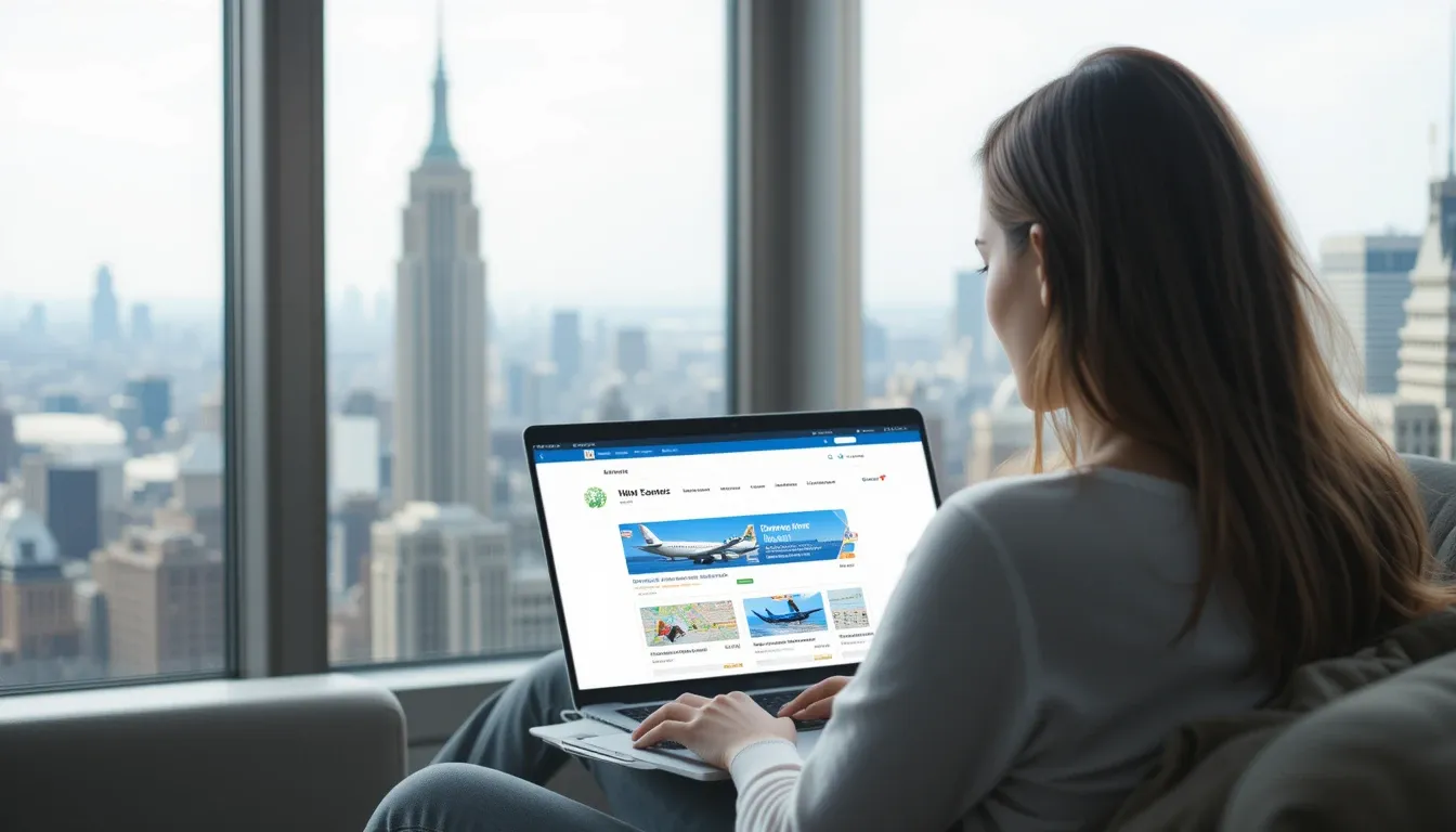Woman researching cheap flights to New York City on laptop