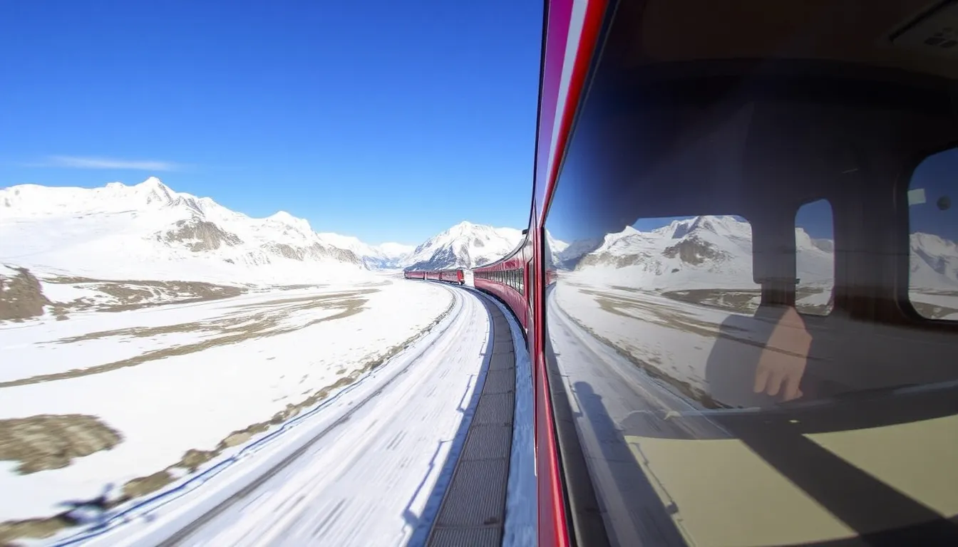 “A panoramic view of the Glacier Express train traveling through snow-covered Swiss Alps, with blue sky and a luxury cabin interior visible”