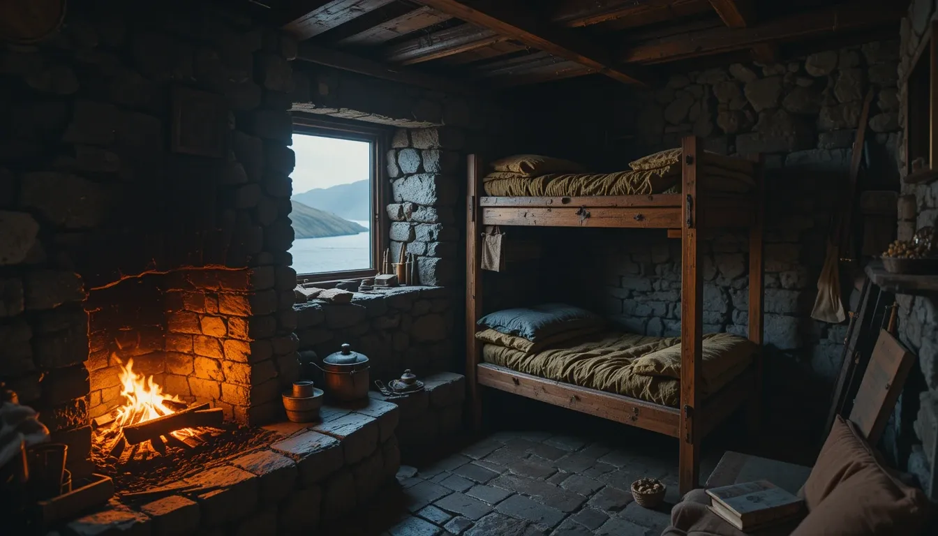 Cozy, rustic bothy interior on Skye illuminated by a warm peat fire glow, showing stone walls, wooden bunk, and basic supplies