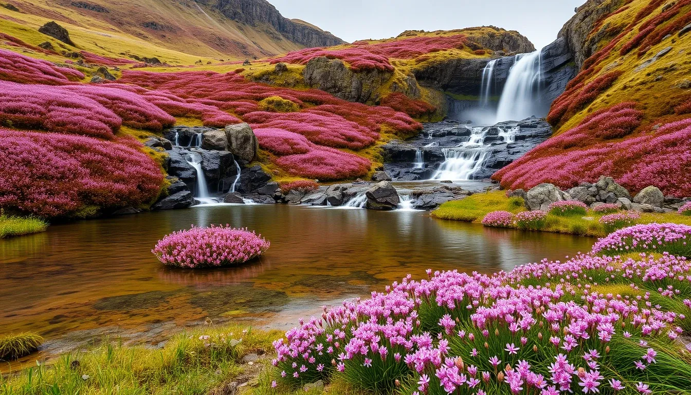 Fairy Pools Scotland in spring with heather flowers