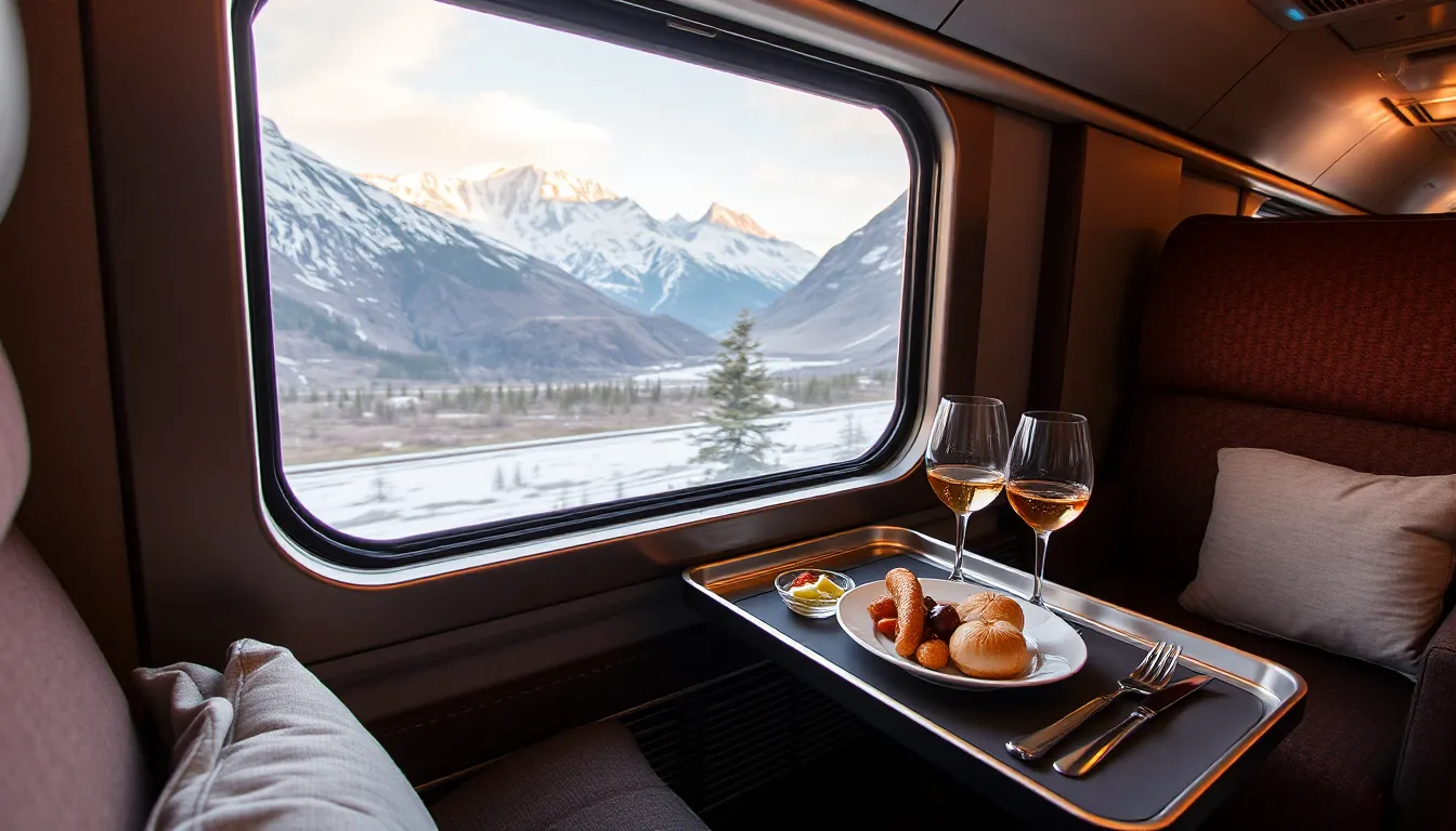 “First-class Glacier Express interior with gourmet food and wine on a tray, window showing mountains outside”