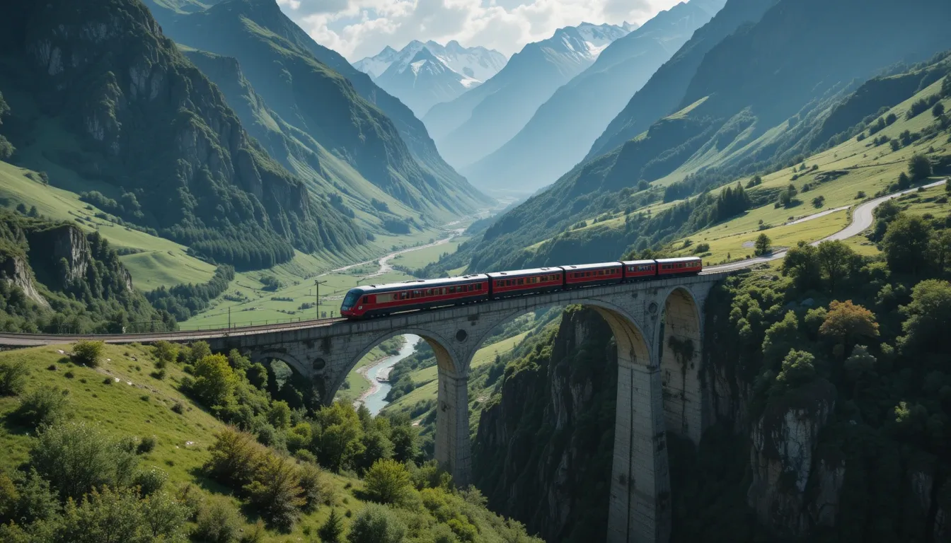 Glacier Express crossing the Landwasser Viaduct in the Swiss Alps