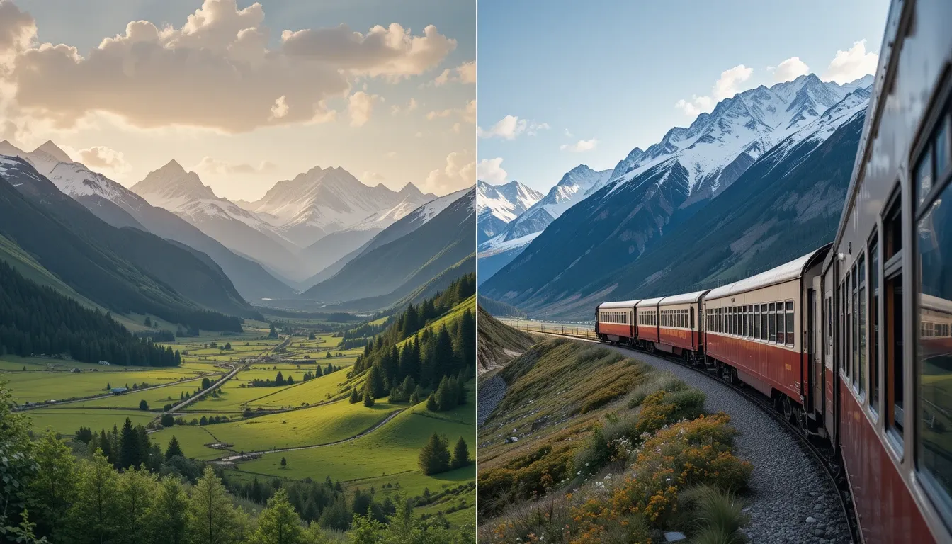 Glacier Express in summer and winter, showcasing the seasonal beauty of the Swiss Alps