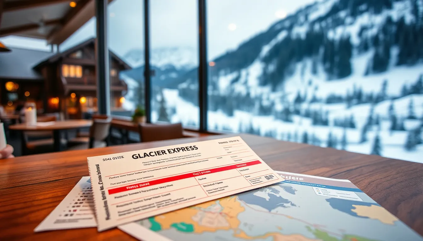“Glacier Express ticket on a wooden table with map and travel guide, cozy lodge in background”