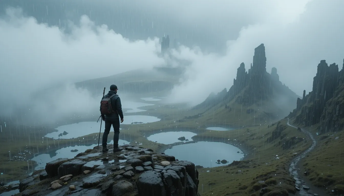 Hiker silhouetted against mist-shrouded, jagged sea stacks on Skye's rugged, inaccessible coastline