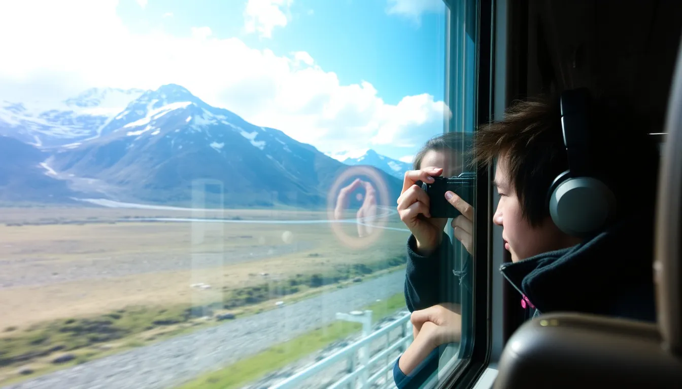 “Inside view of a traveler photographing through Glacier Express window with scenic landscape in the background”