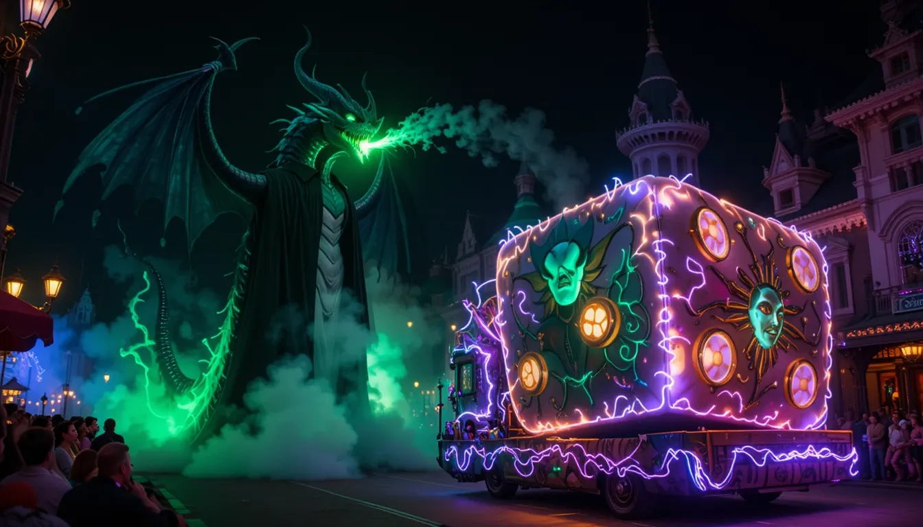 Maleficent dragon float at Frightfully Fun Parade during Disney Halloween party