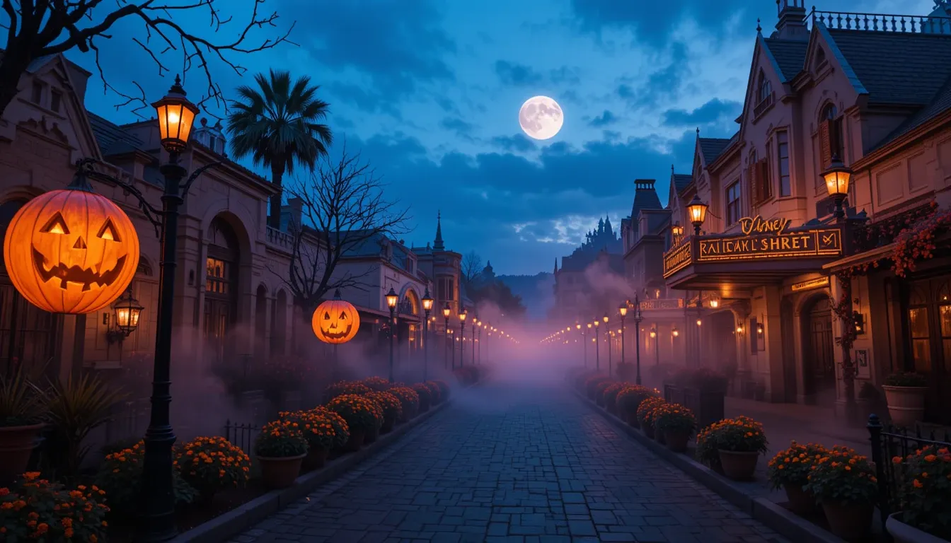 Oogie Boogie Bash Halloween decorations on Buena Vista Street at dusk