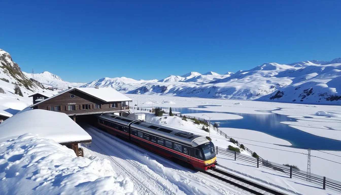 “Ospizio Bernina station covered in snow, Glacier Express parked, surrounded by icy lakes and clear blue skies”