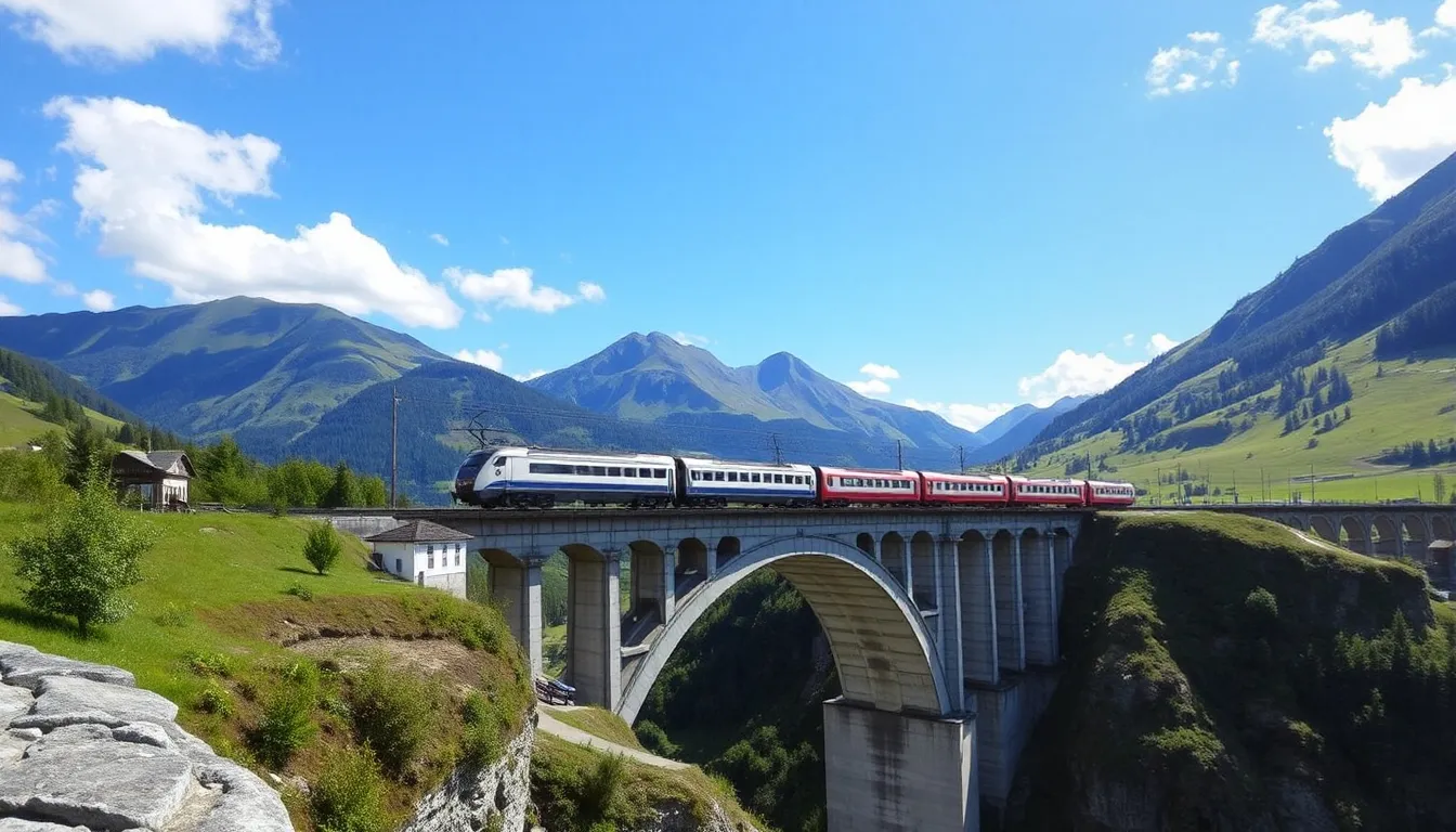“The Glacier Express crossing the Landwasser Viaduct on a sunny day, with lush valleys and a blue sky in the background”